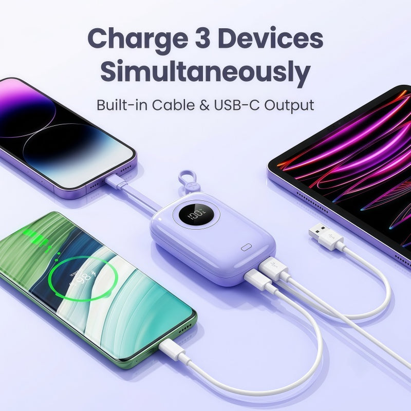 PD 20W Mini Portable Power Bank with Built-in Cable, LED Display & 3-Device Simultaneous Fast Charging