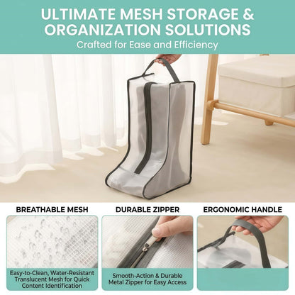 Translucent Mesh Shoe & Boot Storage Bags - Dust-Proof Closet Organizer with Zipper