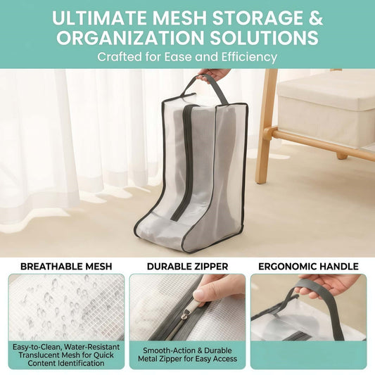 Translucent Mesh Shoe & Boot Storage Bags - Dust-Proof Closet Organizer with Zipper