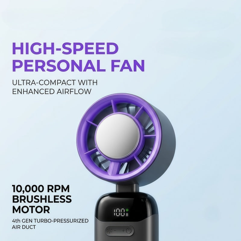 Portable Handheld Turbo Fan with Semiconductor Cooling Plate, 199 Stepless Speeds, 3000mAh Rechargeable Foldable Personal Desk Fan with LED Display