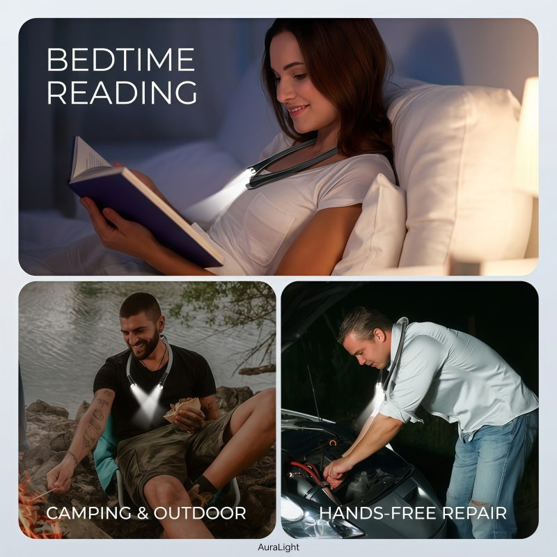 Rechargeable LED Neck Reading Light – Hands-Free Flexible Book Light with 3 Color Modes & Power Bank