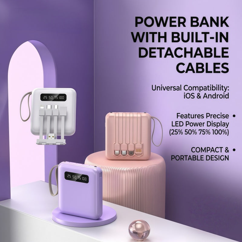 10,000mAh Ultra-Compact Portable Power Bank with 4-in-1 Built-in Cables & Dual LED Flashlight