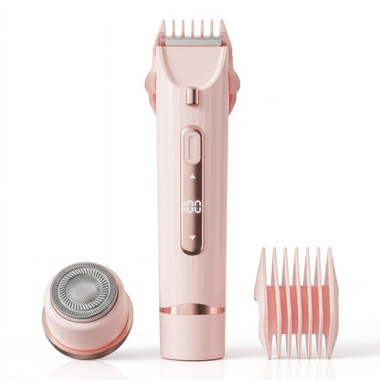 2-in-1 Women's Electric Hair Remover Kit - Waterproof Trimmer & Rotary Shaver with LED Battery Display and Ceramic Blades, Pink