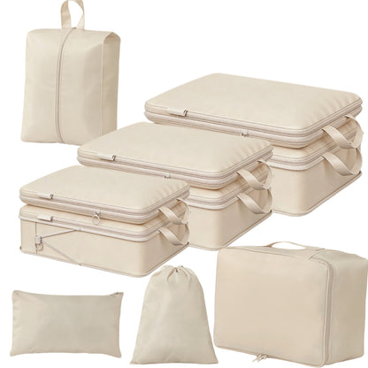7-Piece Compression Packing Cubes Set for Travel, Water-Resistant Luggage Organizers - Beige