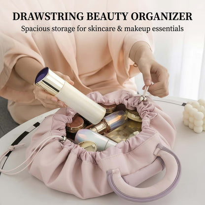 Vegan Leather Drawstring Makeup Bag - Lay-Flat Travel Cosmetic Organizer Pouch, Khaki