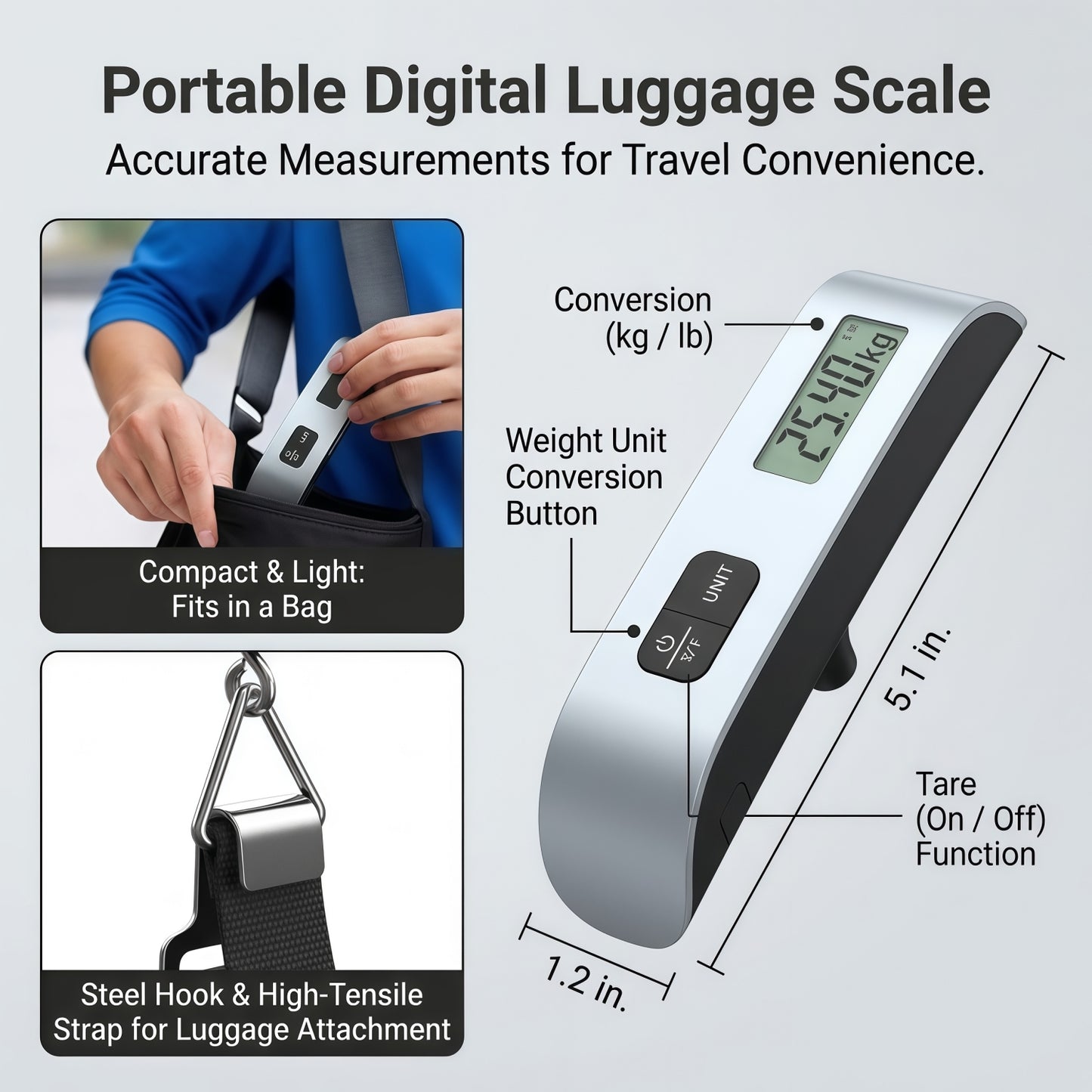 Portable Digital Luggage Scale for Travel, 110 lbs / 50 kg Capacity, Backlit LCD Display with Tare Function & Temperature Sensor