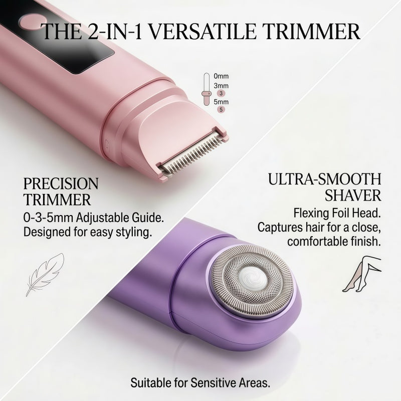 2-in-1 Women's Electric Shaver and Bikini Trimmer - IPX6 Waterproof Wet/Dry Razor with LED Display & Type-C Charging