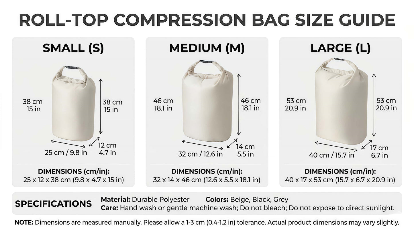 3-Piece Roll-Top Travel Compression Bag Set, No-Pump Space Saver Packing Organizers, Water-Resistant