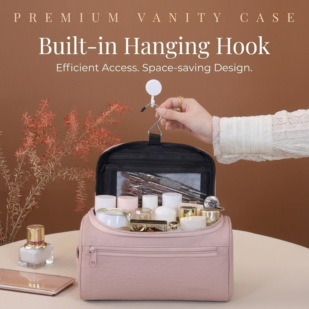 Vegan Leather Hanging Toiletry Bag - Water-Resistant Travel Cosmetic Organizer Case