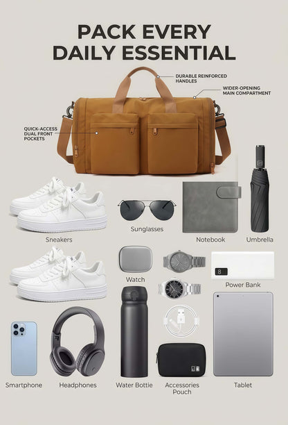 Foldable Travel Duffel Bag with Shoe Compartment & Wet Pocket, Water-Resistant Nylon Weekender Gym Bag