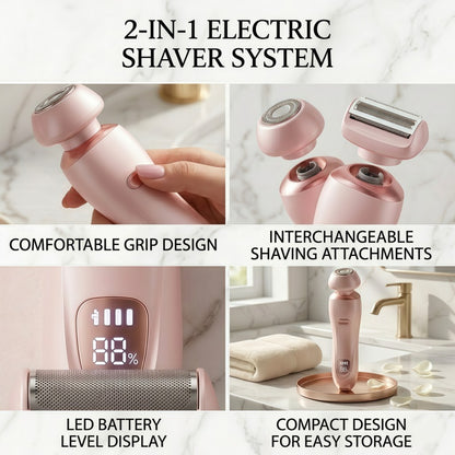 2-in-1 Women's Electric Shaver - Wet & Dry Rechargeable Hair Trimmer with LED Display & Interchangeable Heads, IPX6 Waterproof (Rose Gold)