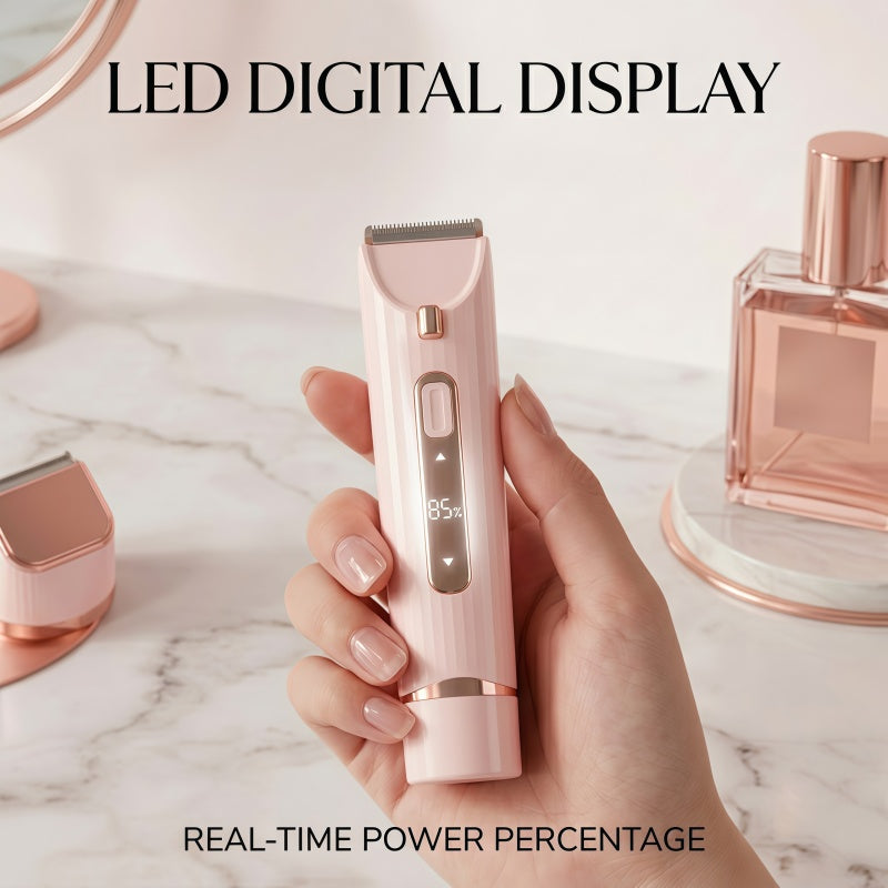2-in-1 Women's Electric Hair Remover Kit - Waterproof Trimmer & Rotary Shaver with LED Battery Display and Ceramic Blades, Pink