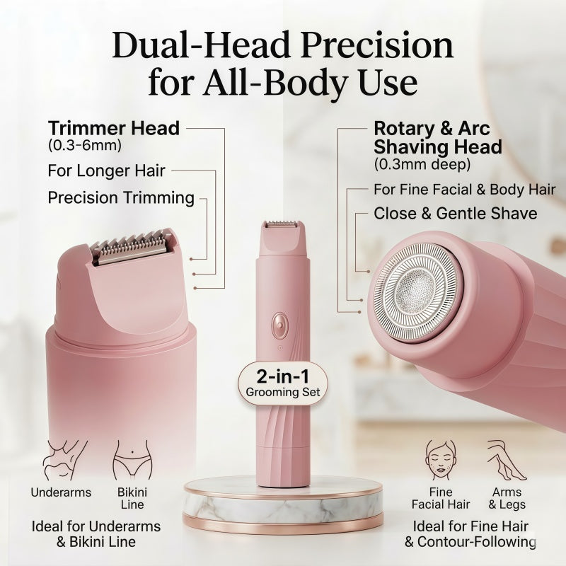 Women's 2-in-1 Electric Shaver and Trimmer - Dual Head, Wet/Dry IPX7 Waterproof, Pink