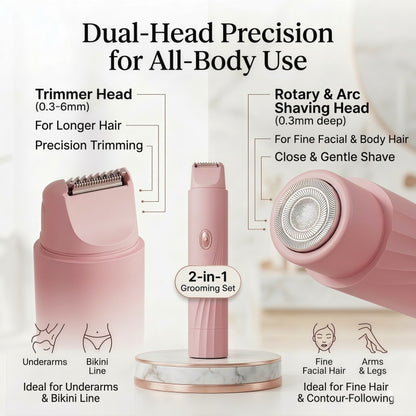 Women's 2-in-1 Electric Shaver and Trimmer - Dual Head, Wet/Dry IPX7 Waterproof, Pink