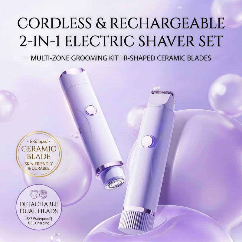 2-in-1 Cordless Women's Electric Shaver & Trimmer Set, IPX7 Waterproof, USB-C Rechargeable, Purple