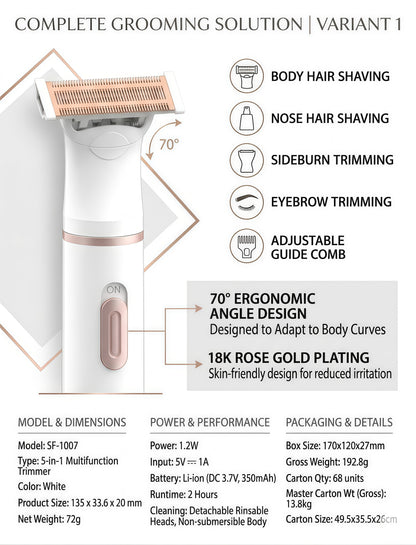 Women's 5-in-1 Electric Shaver and Hair Trimmer Grooming Kit, Type-C Rechargeable
