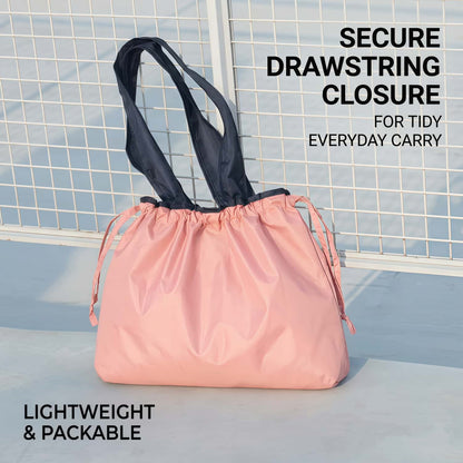 Foldable Reusable Shopping Tote Bag with Drawstring Closure, Water-Repellent Nylon