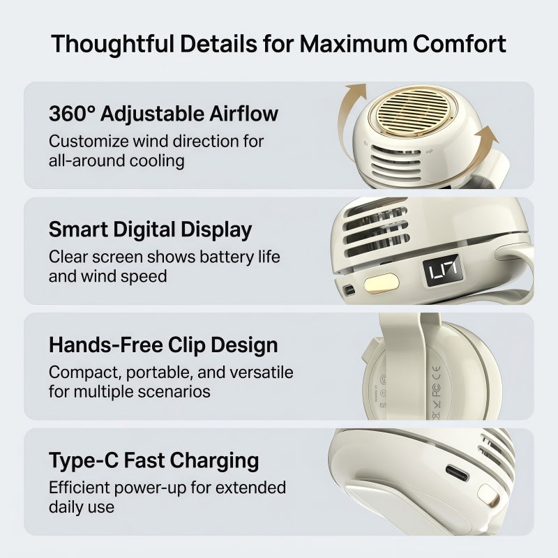 Portable Clip-on Fan, 5-Speed Hands-Free Wearable Mini Waist Fan with Digital LED Display & 360° Adjustable Airflow