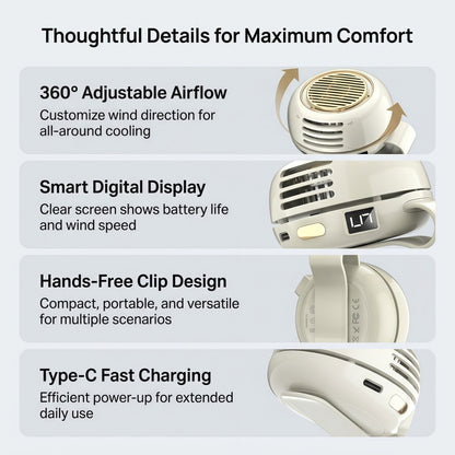Portable Clip-on Fan, 5-Speed Hands-Free Wearable Mini Waist Fan with Digital LED Display & 360° Adjustable Airflow