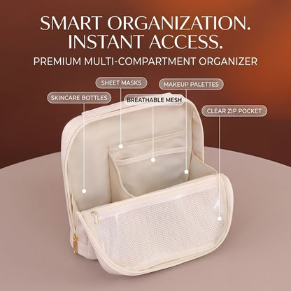 Premium Leather Travel Cosmetic Case with Magnetic Closure and Trolley Sleeve - Multi-Compartment Organizer