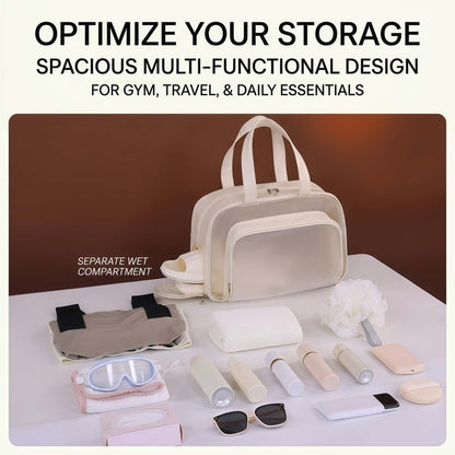 Water-Resistant Clear Travel Tote Bag with Shoe Compartment - PU Leather Gym Duffel with Wet/Dry Pocket