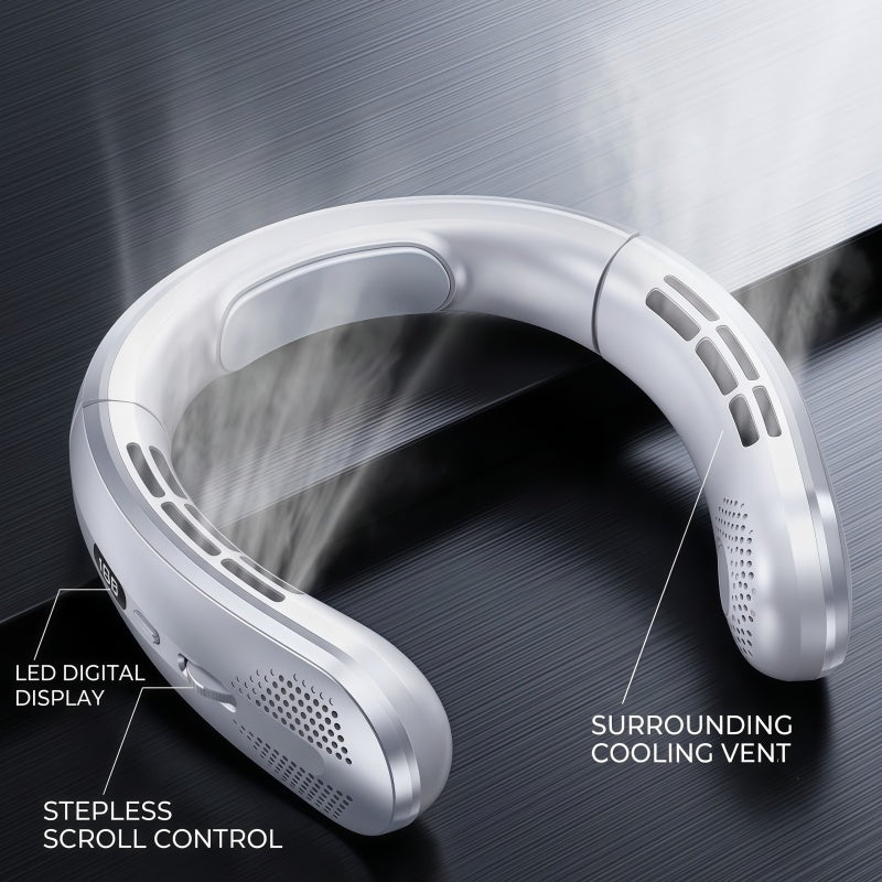 Portable Wearable Neck Fan with Ceramic Cooling Pad, 5000mAh Battery, 100-Speed Stepless Control, Bladeless Design