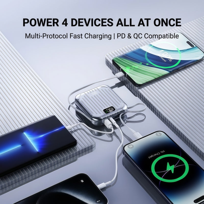 120W Fast Charging Power Bank with Built-in Cables & Digital LED Display - Portable Charger for iPhone, Type-C Devices