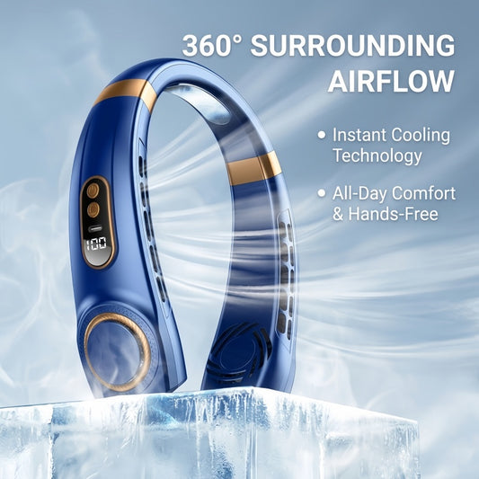 Portable Neck Fan with LED Light, 360° Airflow Ceramic Ice Cooling, 5 Speeds, 4000mAh Rechargeable Wearable Personal Fan