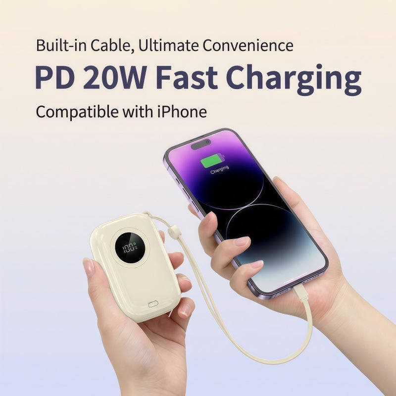PD 20W Mini Portable Power Bank with Built-in Cable, LED Display & 3-Device Simultaneous Fast Charging