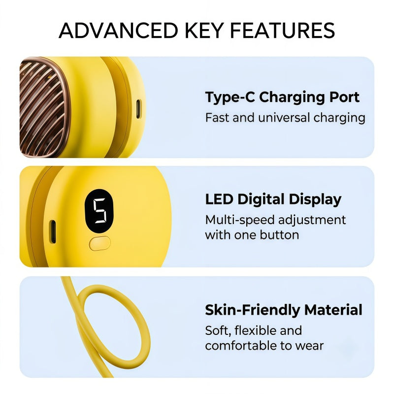Portable Neck Fan, Hands-Free Wearable Bladeless Fan with 5 Speeds, LED Display & 360° Flexible Gooseneck – Rechargeable USB-C Personal Fan for Outdoor, Sports & Travel