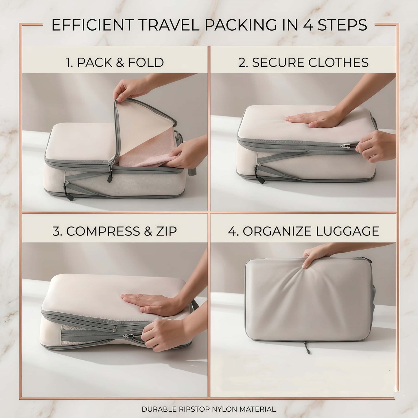 6-Piece Compression Packing Cubes Set - Water-Resistant Travel Luggage Organizers with Shoe Bag - Khaki