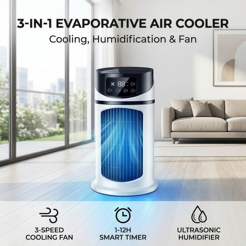 3-in-1 Portable Evaporative Air Cooler & Humidifier – Desk Tower Fan with LED Touch Screen, 6 Speeds & 12H Timer