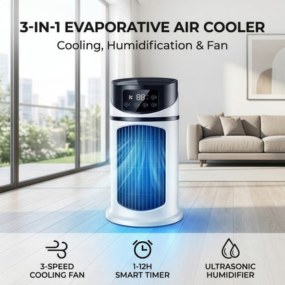 3-in-1 Portable Evaporative Air Cooler & Humidifier – Desk Tower Fan with LED Touch Screen, 6 Speeds & 12H Timer