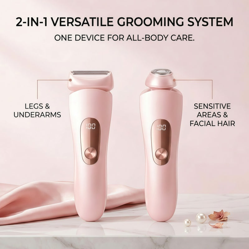 Women's 2-in-1 Rechargeable Electric Shaver & Hair Trimmer with LED Display, IPX7 Waterproof - Pink