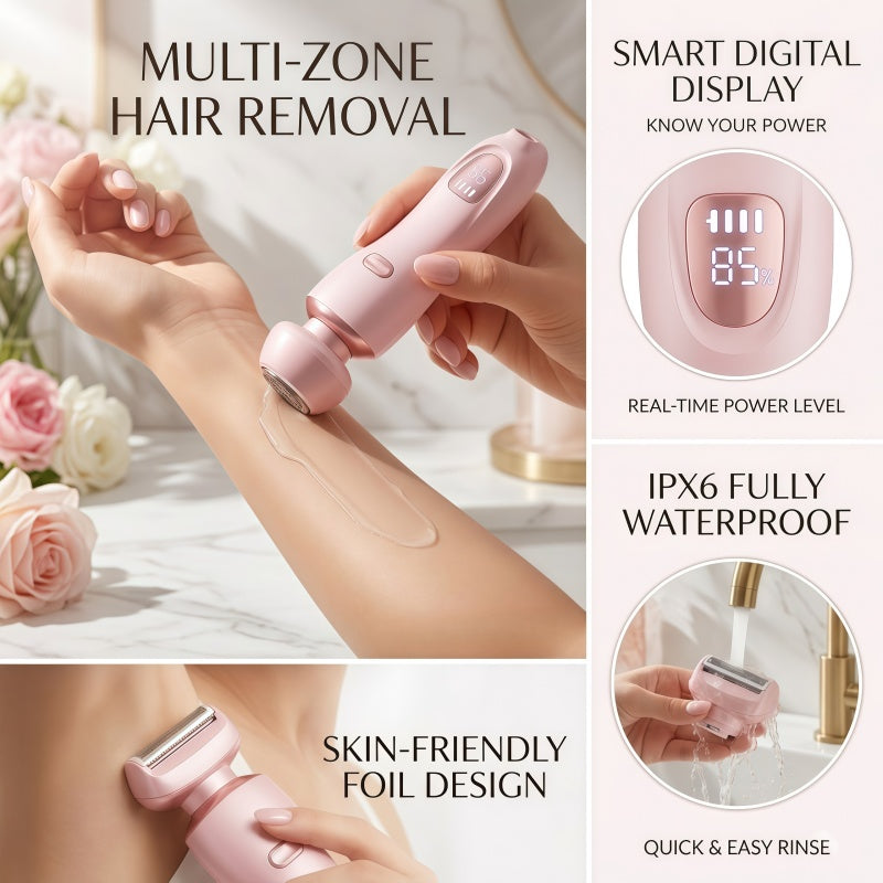 2-in-1 Women's Electric Shaver - Wet & Dry Rechargeable Hair Trimmer with LED Display & Interchangeable Heads, IPX6 Waterproof (Rose Gold)