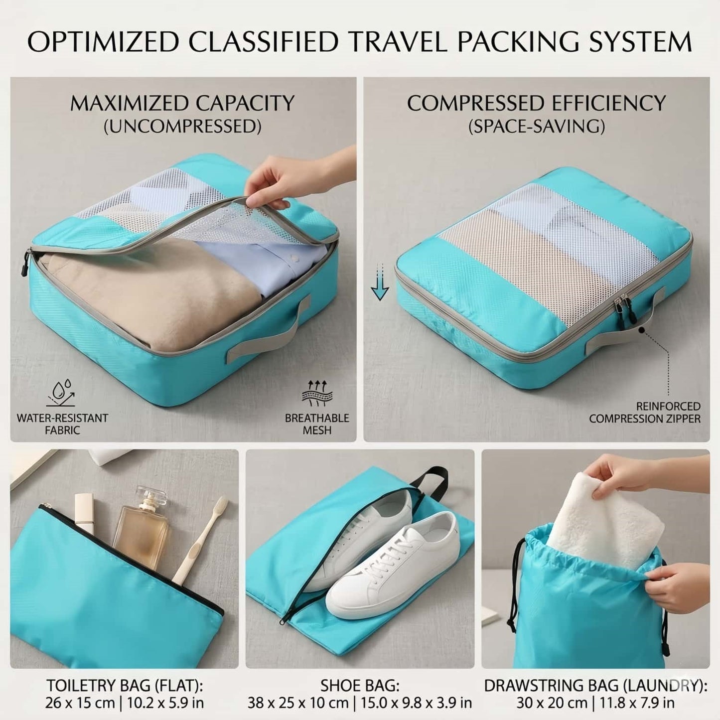 Compression Travel Packing Cubes & Organizer Set - Water-Resistant Ripstop Nylon