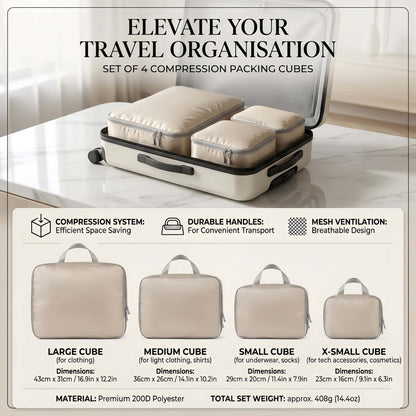4-Piece Compression Packing Cube Set, Water-Resistant Travel Luggage Organizers - Khaki