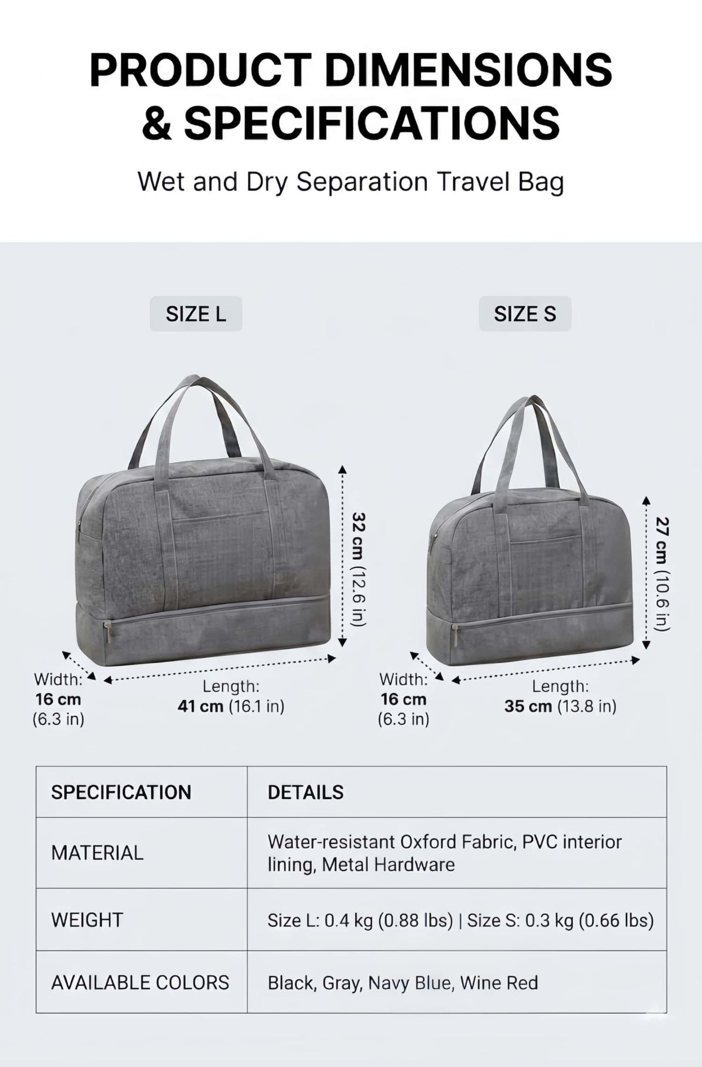 Water-Resistant Travel Duffel Bag with Wet/Dry Pocket & Shoe Compartment - Gray