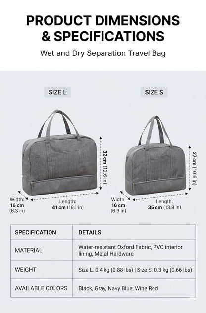Water-Resistant Travel Duffel Bag with Wet/Dry Pocket & Shoe Compartment - Gray