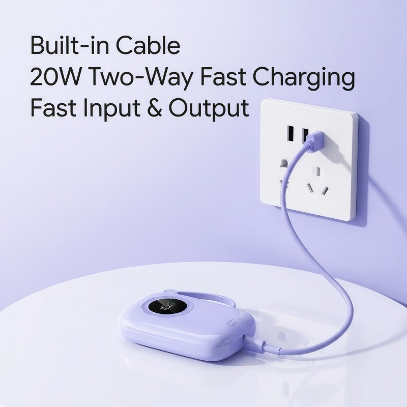 PD 20W Mini Portable Power Bank with Built-in Cable, LED Display & 3-Device Simultaneous Fast Charging