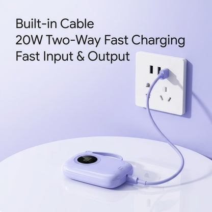 PD 20W Mini Portable Power Bank with Built-in Cable, LED Display & 3-Device Simultaneous Fast Charging