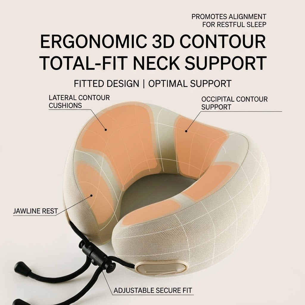 Ergonomic Memory Foam Travel Neck Pillow with Compact Hard Case, 3D Contoured Support, Washable Cover