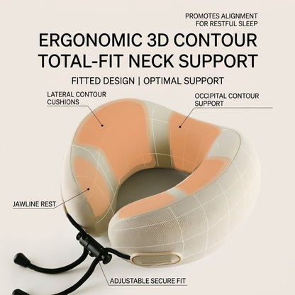 Ergonomic Memory Foam Travel Neck Pillow with Compact Hard Case, 3D Contoured Support, Washable Cover