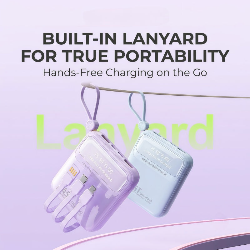 10000mAh Portable Power Bank with Built-in 4 Cables & Lanyard - Fast Charging Travel Battery Pack for iPhone, USB-C & Android