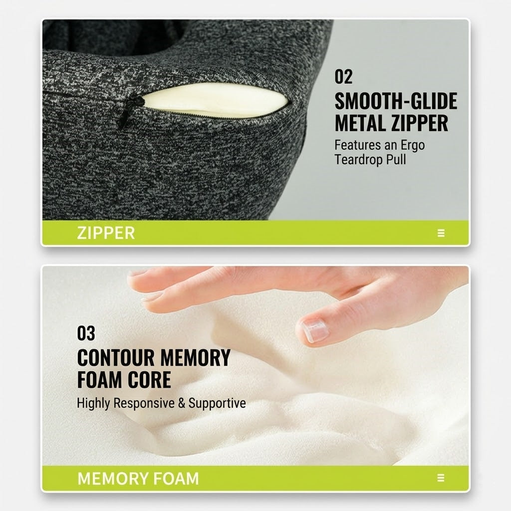 Ergonomic Memory Foam Travel Neck Pillow with Integrated Light-Blocking Hood & Compact Pouch