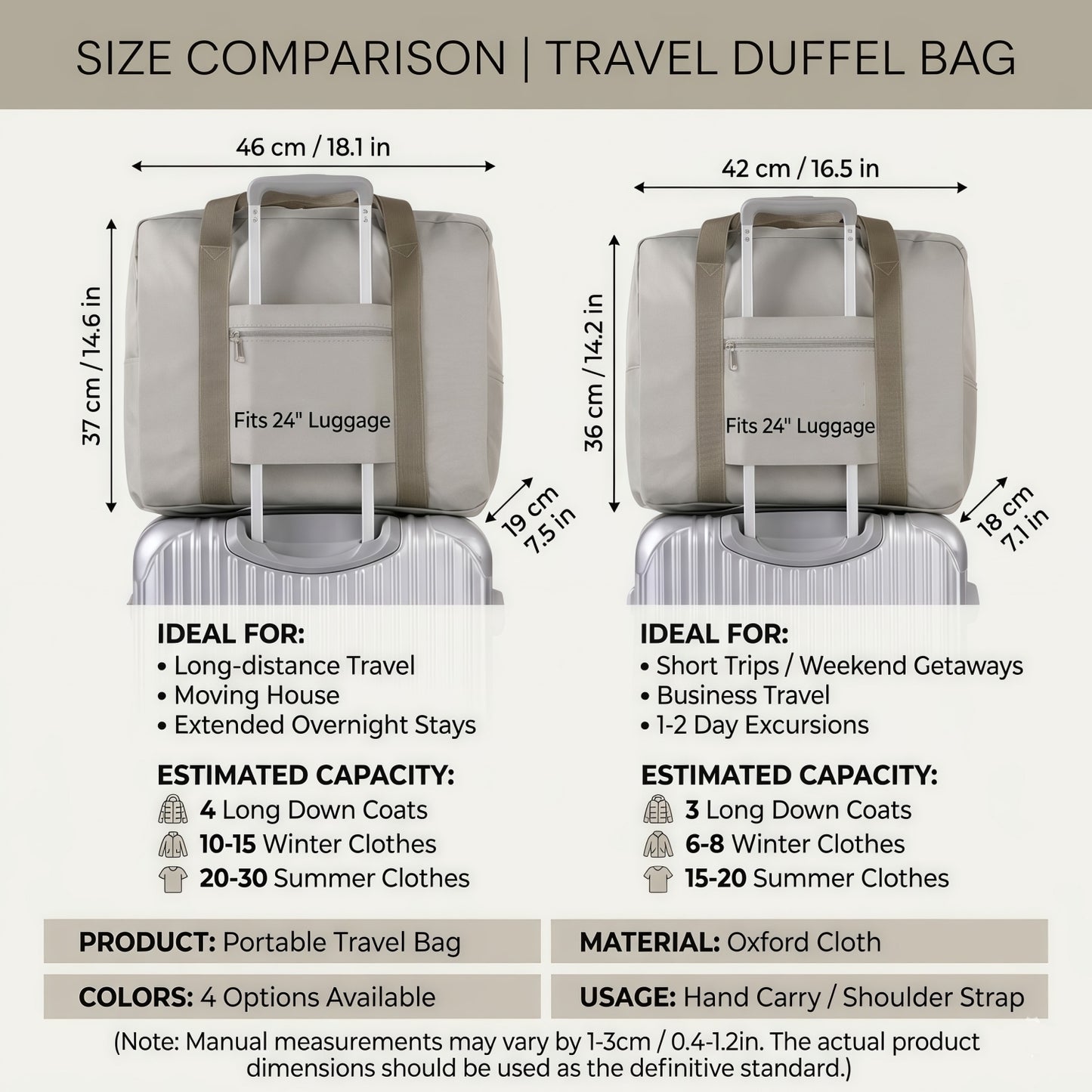 Foldable Travel Duffel Bag with Trolley Sleeve, Water-Resistant Oxford Cloth Overnight Weekender Tote for Luggage