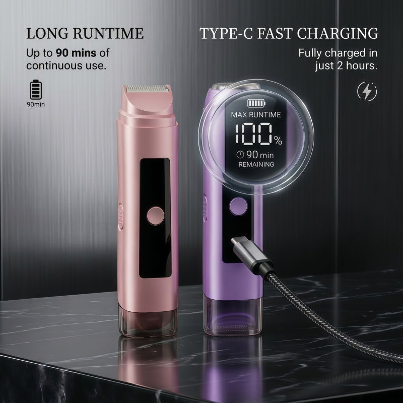 2-in-1 Women's Electric Shaver and Bikini Trimmer - IPX6 Waterproof Wet/Dry Razor with LED Display & Type-C Charging