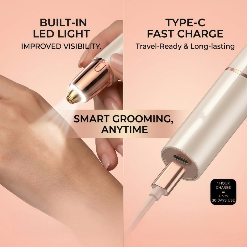 Rechargeable 2-in-1 Facial Hair Remover and Eyebrow Trimmer for Women, 18K Gold Plated, Type-C, Rose Gold
