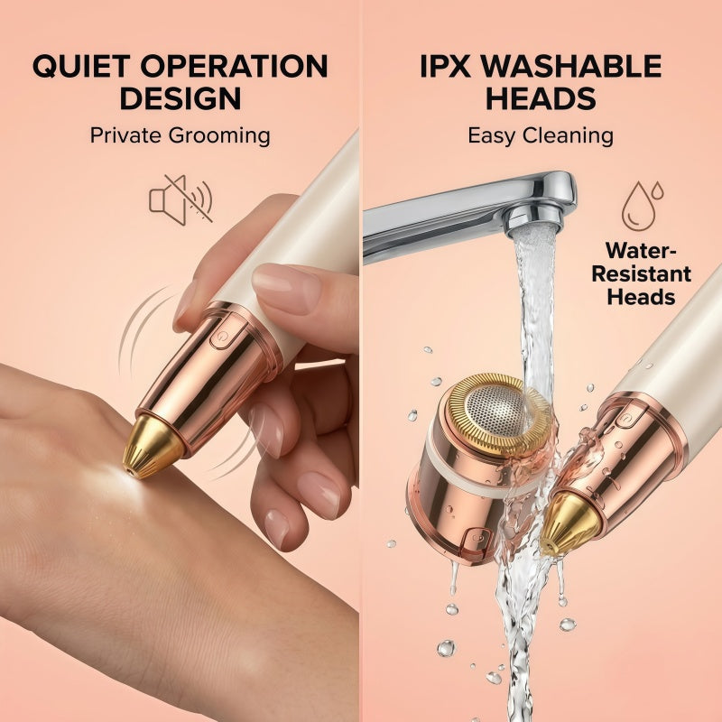 Rechargeable 2-in-1 Facial Hair Remover and Eyebrow Trimmer for Women, 18K Gold Plated, Type-C, Rose Gold