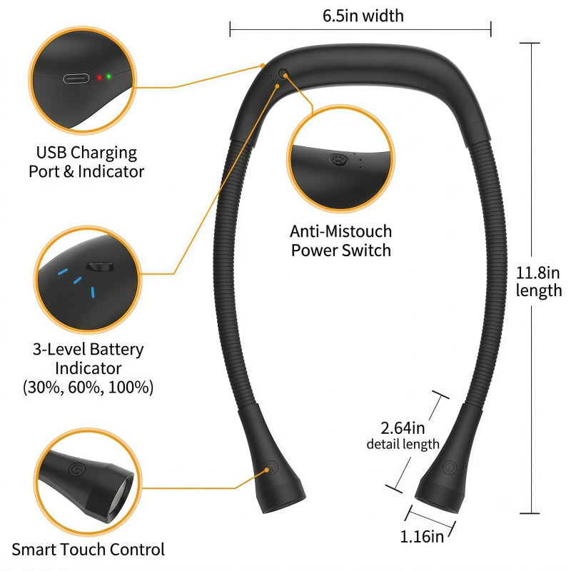 Rechargeable LED Neck Reading Light - Flexible Hands-Free Book Light with 3 Color Modes & Stepless Dimming